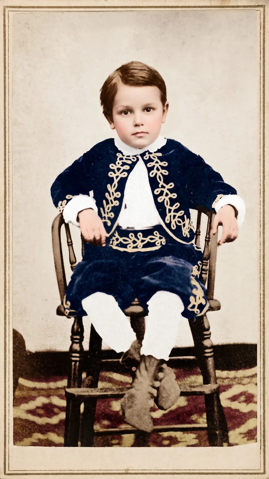 Restored: A small boy in an embroidered jacket seated on a wooden chair, cabinet card