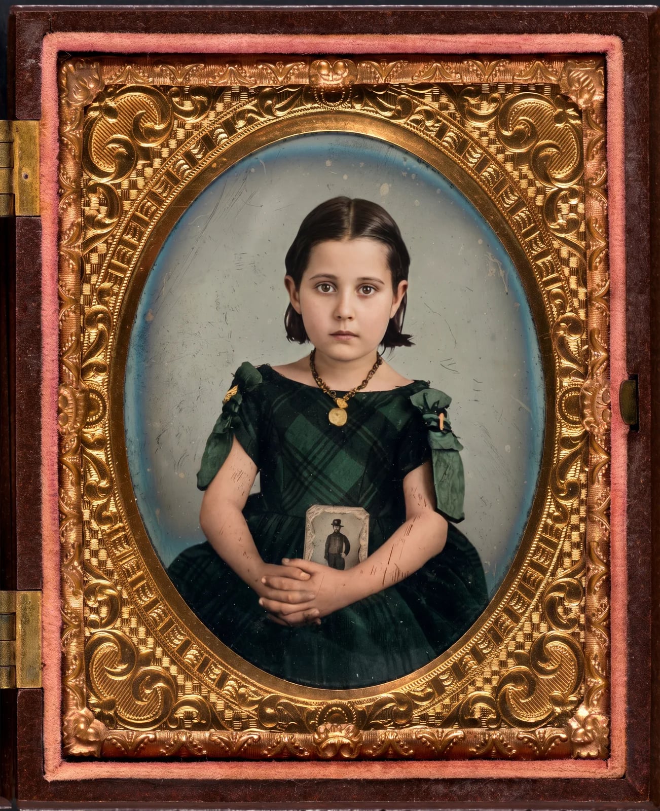 Restored: A girl in a plaid dress holding a small framed photograph, in a gilt case